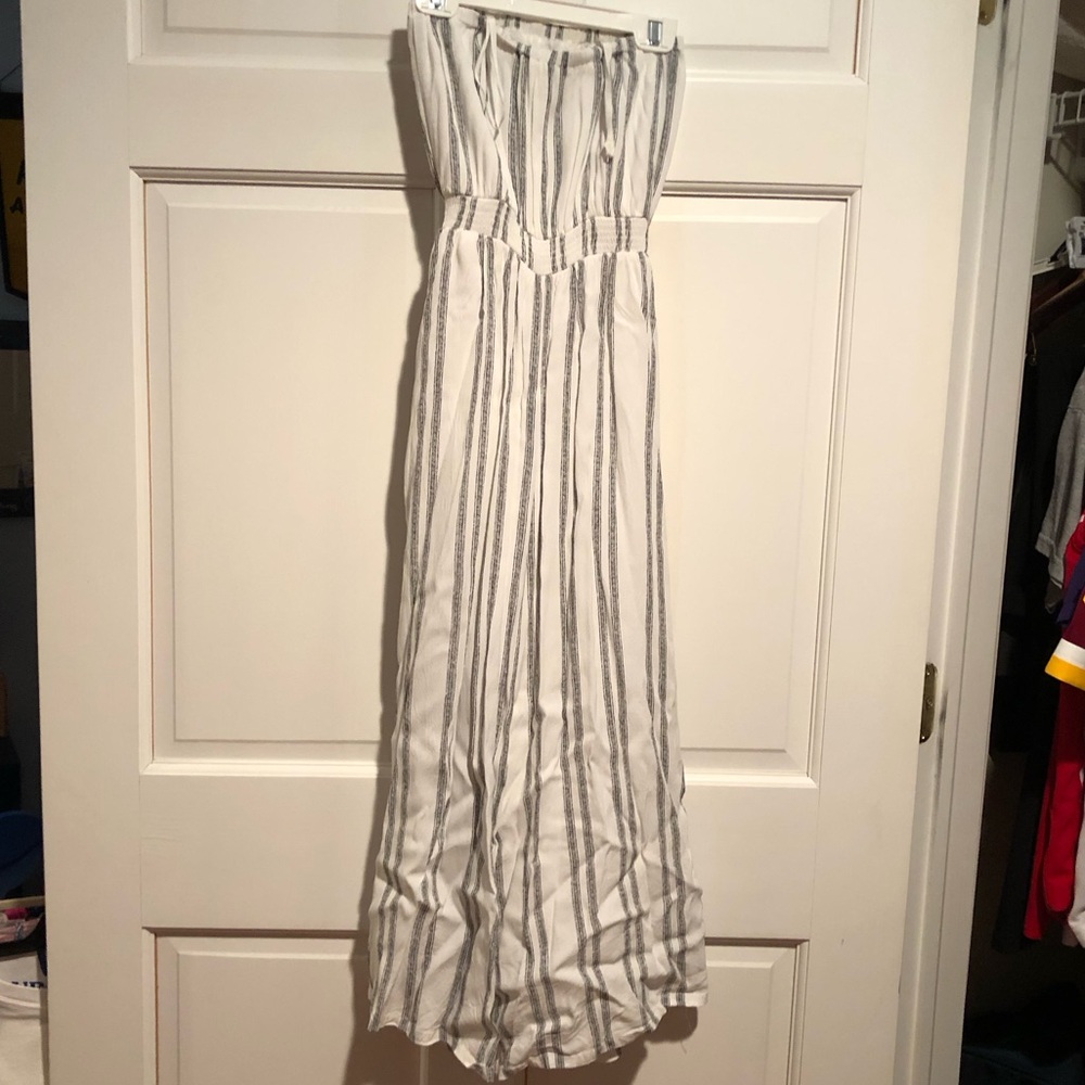 Striped White & Gray Strapless Jumpsuit